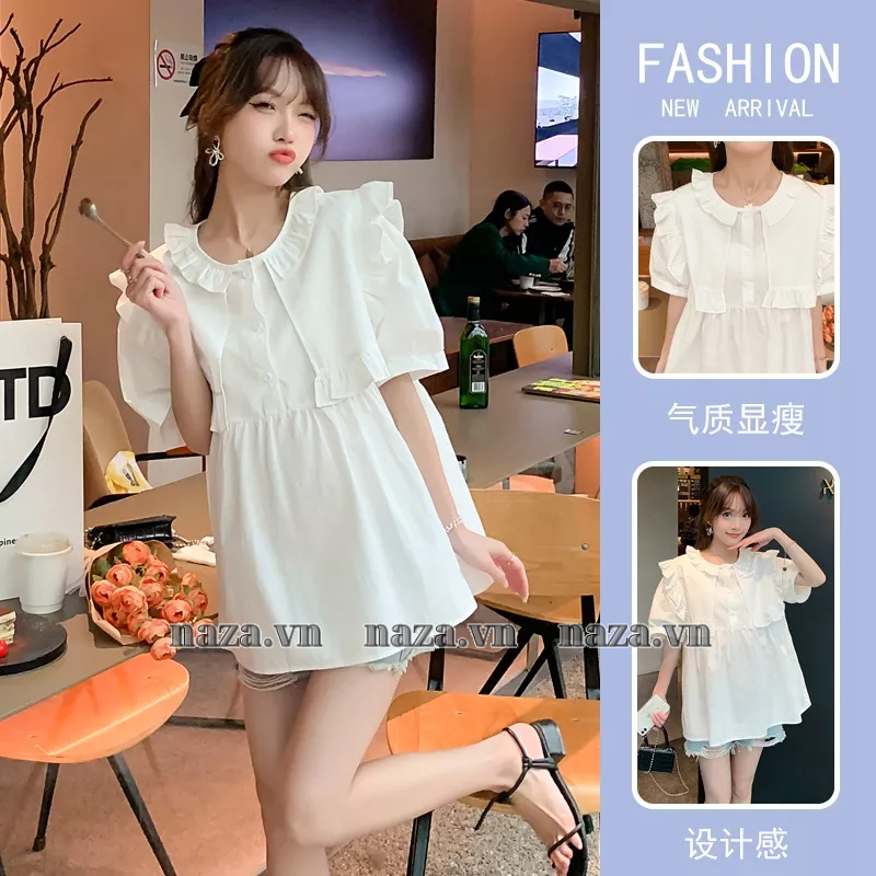 Áo Kiểu Baby Doll cổ Bèo , Áo tay ngắn thiết kế Tiểu Thư Pháp , chất Đũi Hàn mát