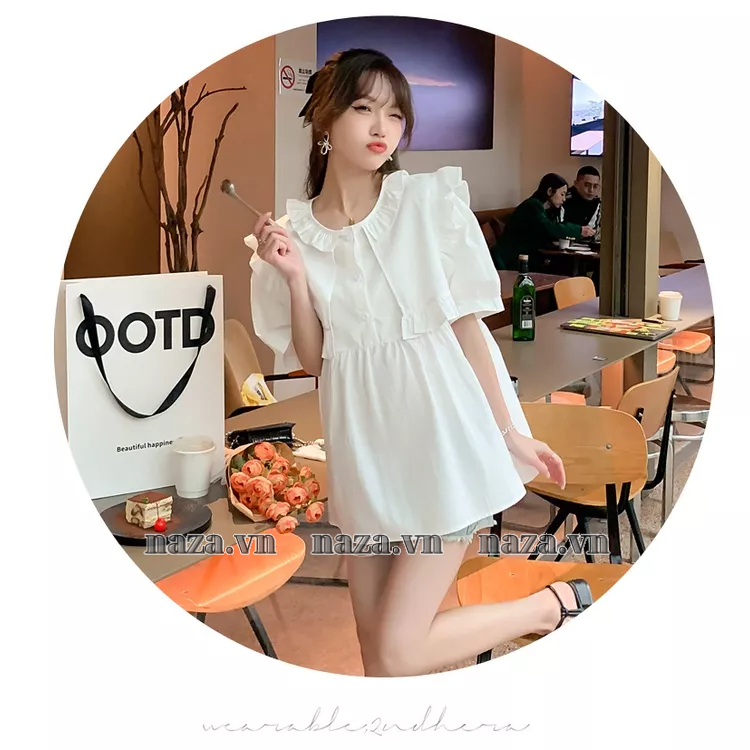 Áo Kiểu Baby Doll cổ Bèo , Áo tay ngắn thiết kế Tiểu Thư Pháp , chất Đũi Hàn mát