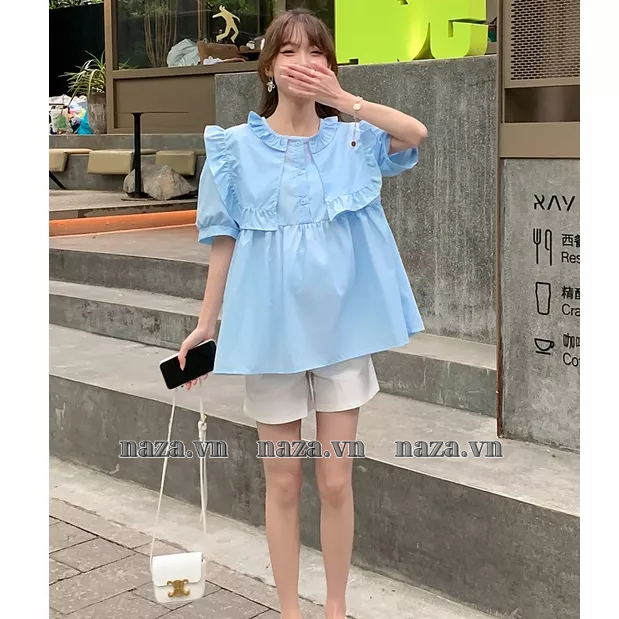 Áo Kiểu Baby Doll cổ Bèo , Áo tay ngắn thiết kế Tiểu Thư Pháp , chất Đũi Hàn mát