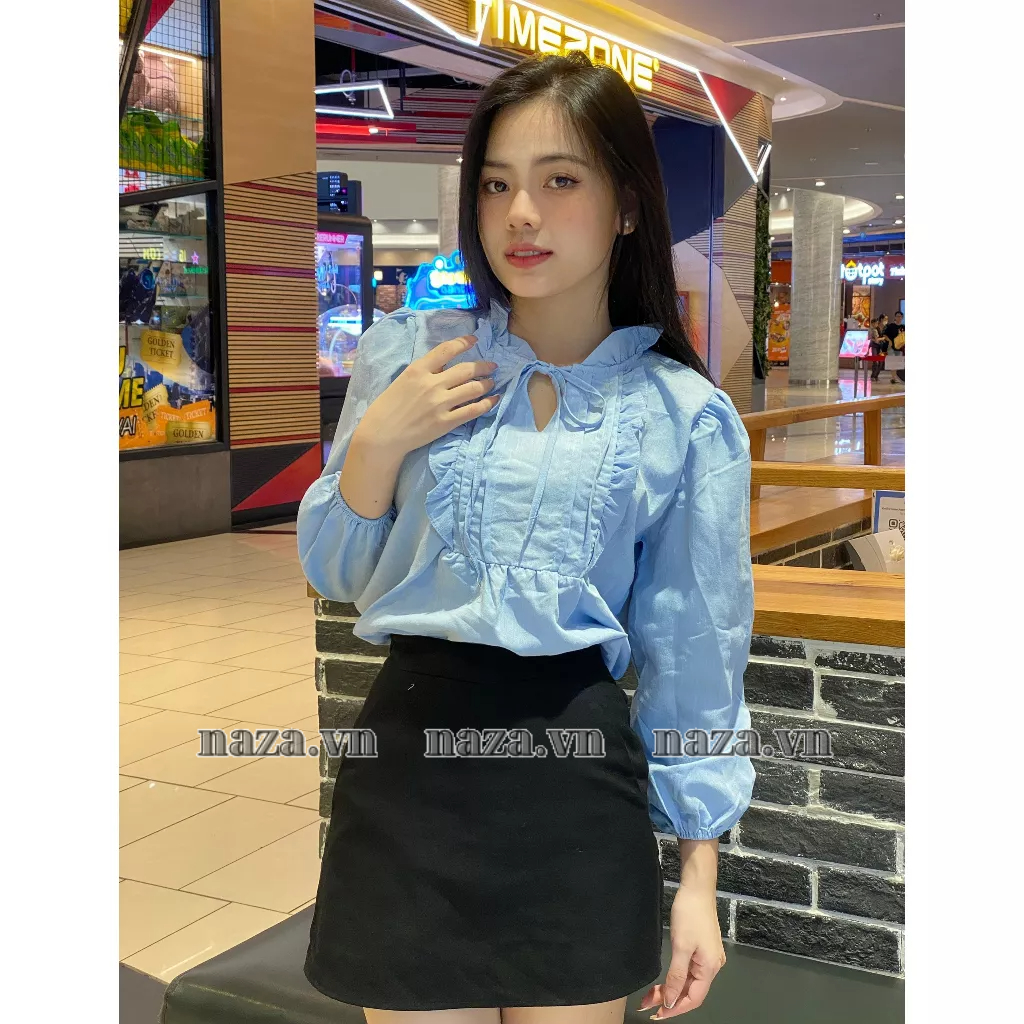 Áo Babydoll Tay Dài ,Áo babydol Tiểu Thư Xếp Ly Giữa ngực cổ khuyết thắt nơ