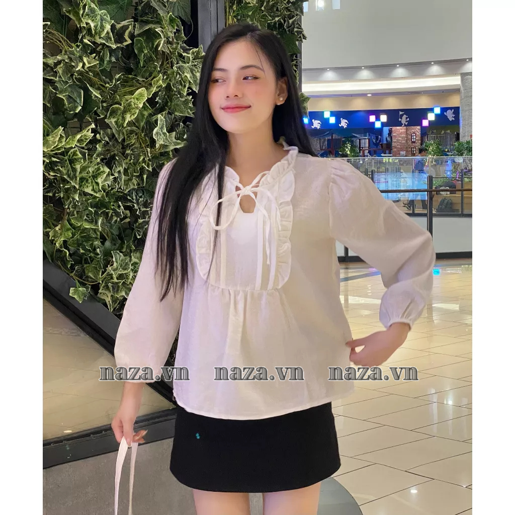 Áo Babydoll Tay Dài ,Áo babydol Tiểu Thư Xếp Ly Giữa ngực cổ khuyết thắt nơ
