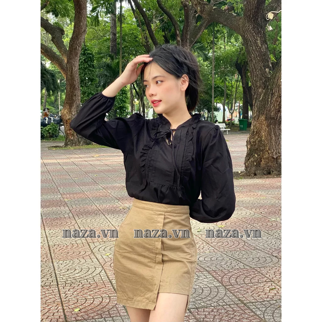 Áo Babydoll Tay Dài ,Áo babydol Tiểu Thư Xếp Ly Giữa ngực cổ khuyết thắt nơ