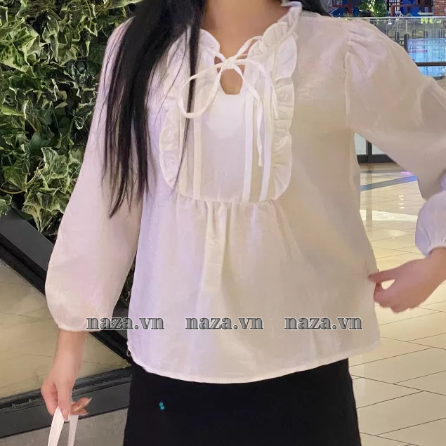Áo Babydoll Tay Dài ,Áo babydol Tiểu Thư Xếp Ly Giữa ngực cổ khuyết thắt nơ