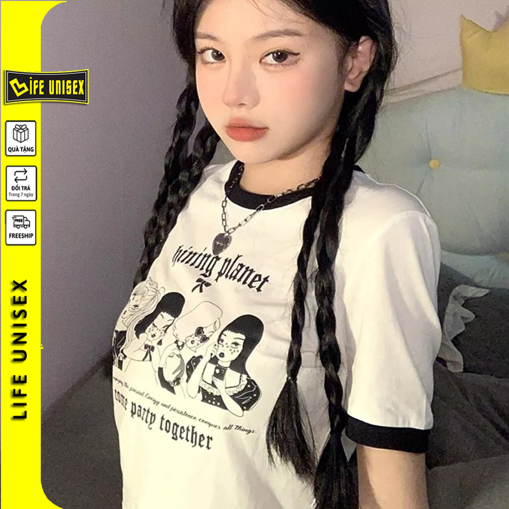 Áo Croptop CÔ GÁI PHỐI VIỀN Tay Ngắn Cổ Tròn Ôm Body, Áo Thun Croptop In Họa Tiết Hoạt Hình