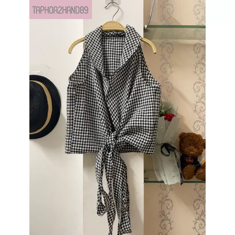 áo kiểu nữ đắp chéo buộc nơ eo chất xô kẻ caro xinh k1