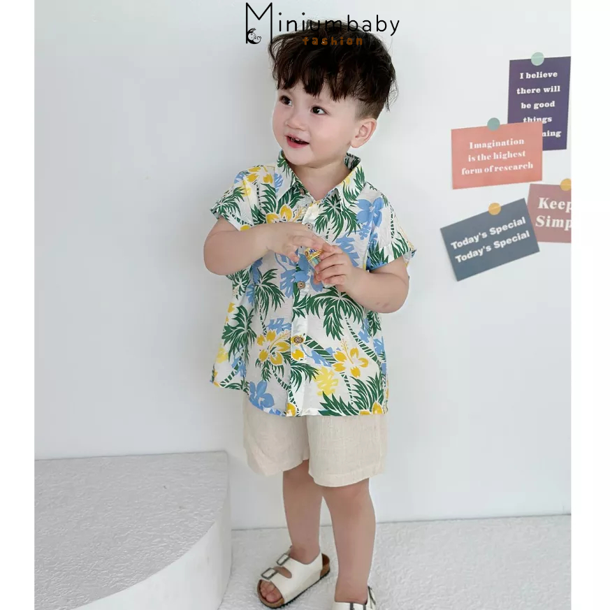 Áo sơ mi sát nách đi biển cho bé họa tiết cây dừa nổi bật, chất liệu cotton thoáng mát, miniumbabyfashion A1575