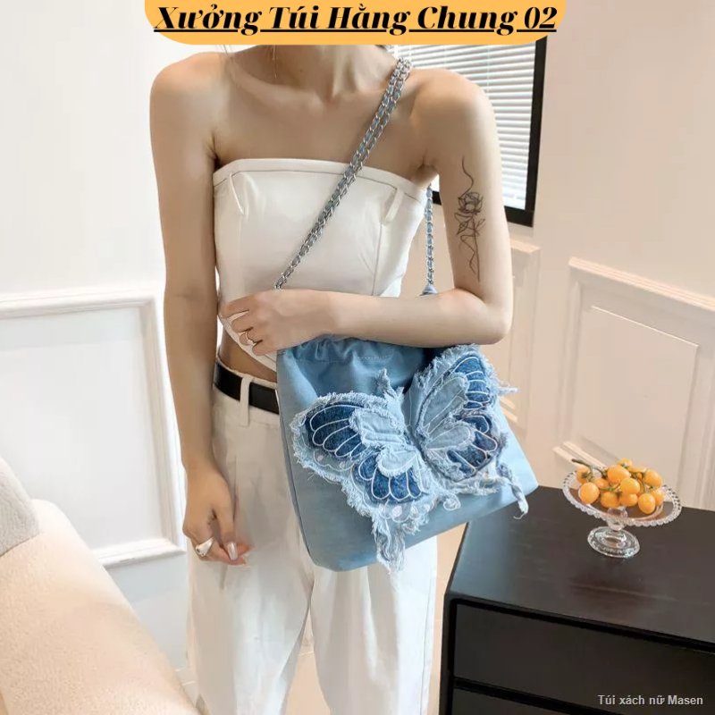 Túi xách nữ đeo chéo hình bướm chất vải denim dây rút màu xanh hồng mẫu mới phong cách hàn quốc