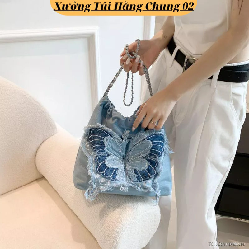 Túi xách nữ đeo chéo hình bướm chất vải denim dây rút màu xanh hồng mẫu mới phong cách hàn quốc