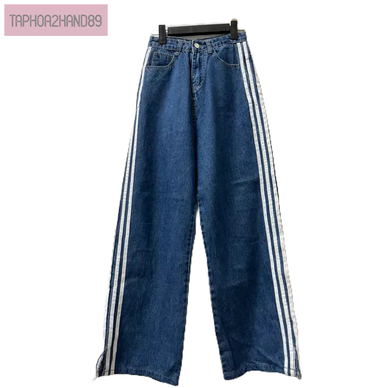 quần jeans nữ suông rộng lưng siêu cao size s viền sọc 2 bên