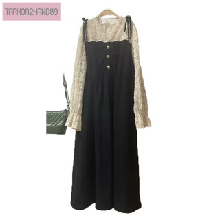 Đầm đen phối ren màu nude cột nơ vai size m l