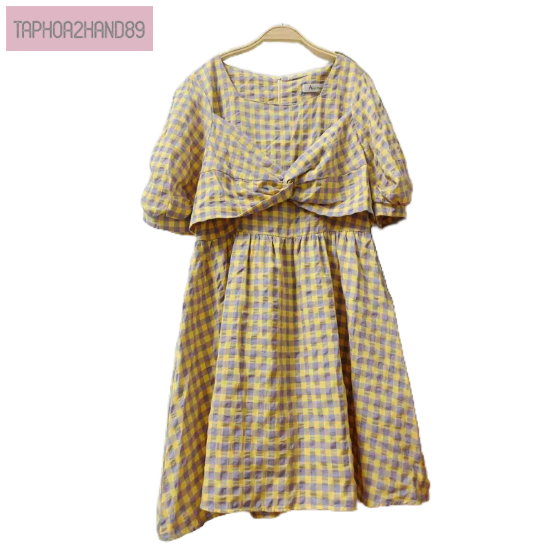 đầm caro cổ vuông màu vàng tím kiểu gile xoắn eo size s m