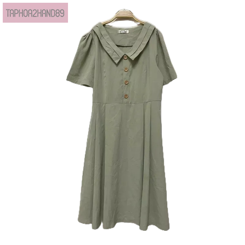 Đầm voan xanh bạc hà size s m l cổ sơ mi cúc gỗ