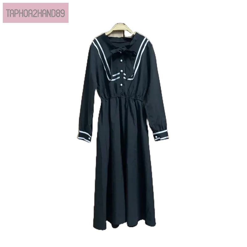 đầm nữ màu đen dài tay viền cổ cột nơ cúc ngọc size s m chun eo