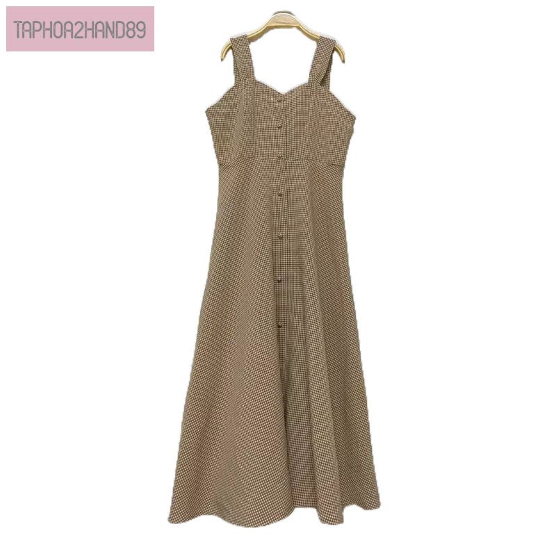 đầm 2s cổ tim caro vàng nâu hở lưng cột nơ cài cúc bọc