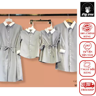 Combo áo sơ mi váy gia đình fig tree màu xám phối cổ trắng siêu sang chảnh