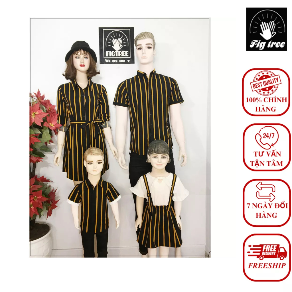 Combo Áo Sơ Mi Váy Gia Đình Fig Tree Sọc Vàng Đen Mã 161 Bé Gái Kèm Áo Thun