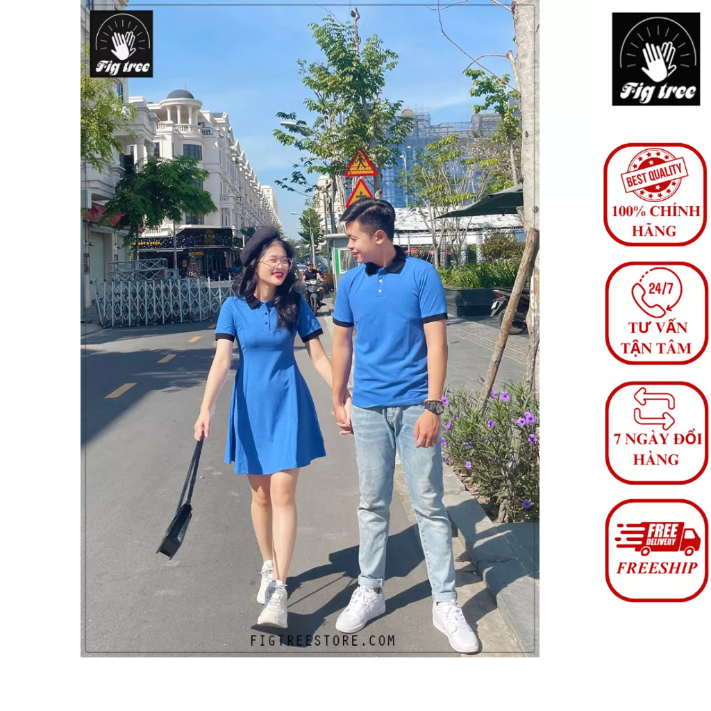 Set Áo Váy Đôi Thun Polo Fig Tree Xanh Bích Kèm Hình Cận Cảnh