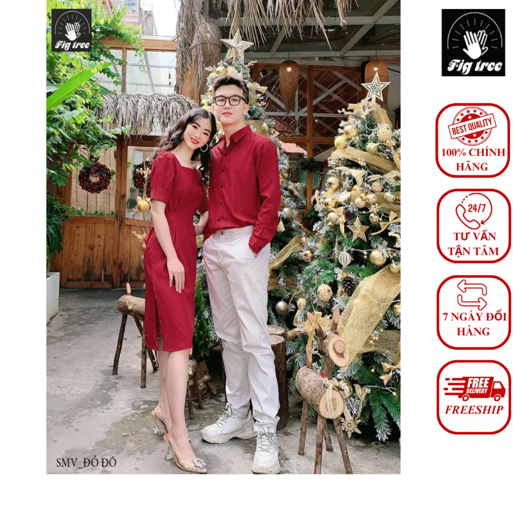Set Sơ Mi Váy Đôi Fig Tree Màu Đỏ Đô Đón Noel Cực Xinh