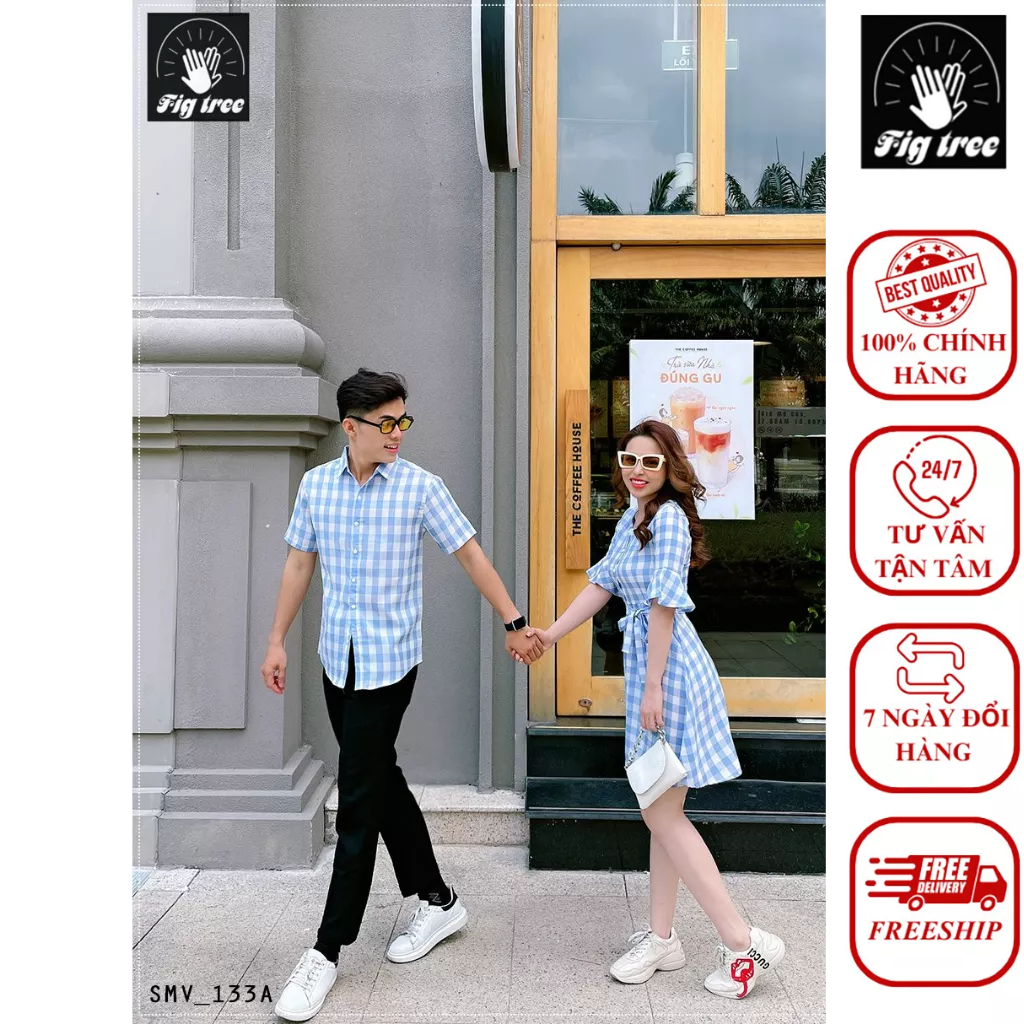 Set Sơ Mi Váy Đôi Fig Tree Caro Xanh Mã 133A Váy Tay Xòe Siêu Xinh