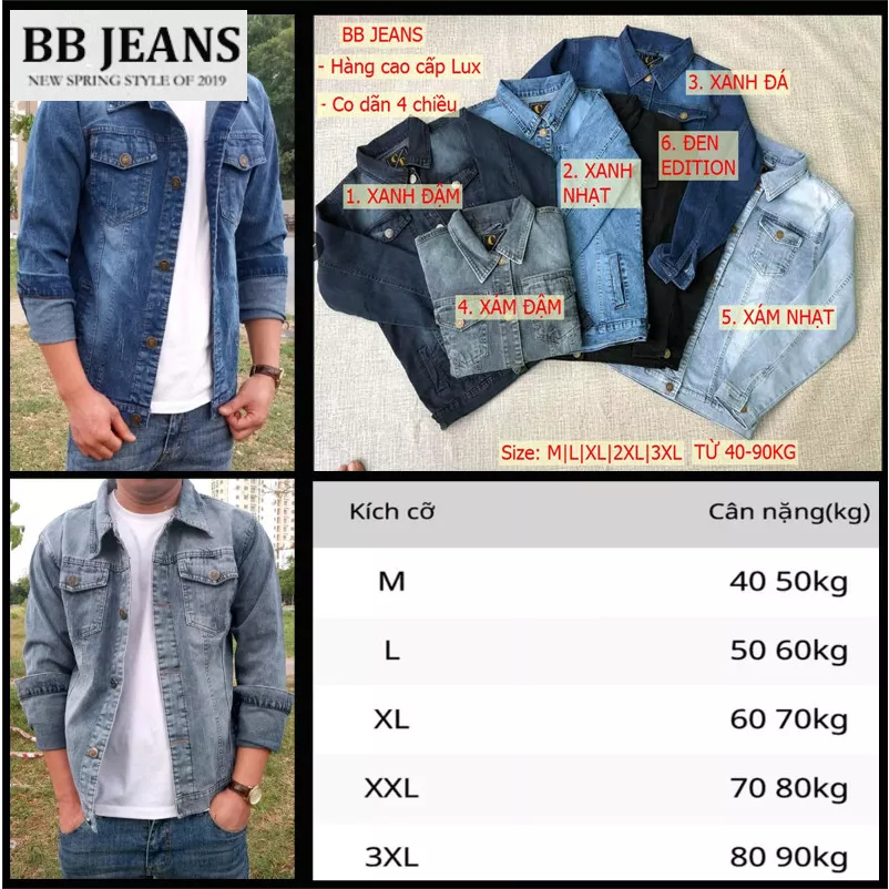6 màu áo khoác jean nam nữ CAO CẤP CO DÃN 4 CHIỀU size 40-90kg Bigsize BB Jeans Official
