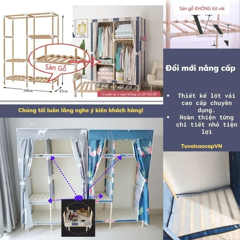 Tủ Vải Khung gỗ Tuvaicaocapvn 3 buồng 7 ngăn gỗ thông bọc nhựa chống ẩm mốc thanh gỗ to 20mm vải dệt
