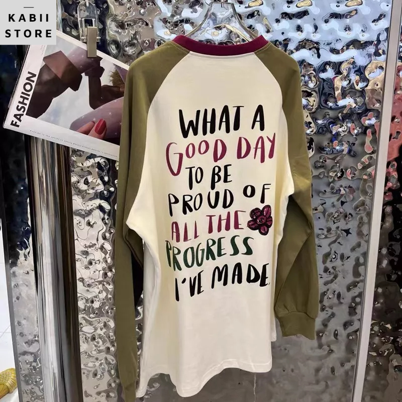 Áo phông dáng thụng tay dài hình hoa phối vai KABII, phông thiết kế đủ size SML tag mac đầy đủ