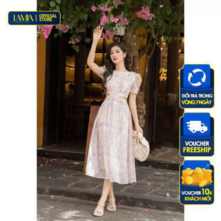 Đầm dáng xòe Lamia Design LD213 phối cổ thuyền màu hồng be pastel hoa nhí