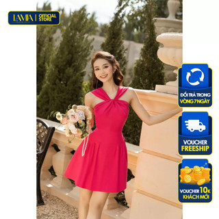 Đầm dáng xòe Lamia Design LD209 phối cổ xoắn màu hồng hot pink cực trend