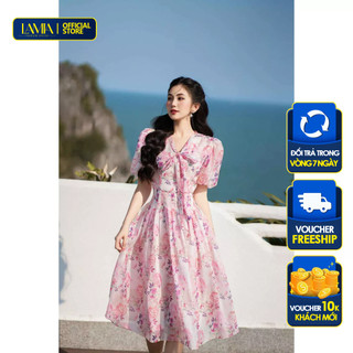 Đầm chữ A Lamia Design LD193 tơ tay phồng phối nơ họa tiết hoa hồng pastel