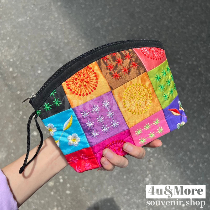 Túi ví vải xách tay thêu thổ cẩm hình khối phong cách bohemian