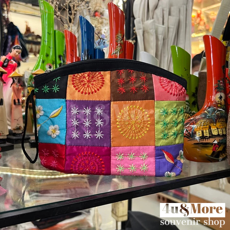 Túi ví vải xách tay thêu thổ cẩm hình khối phong cách bohemian