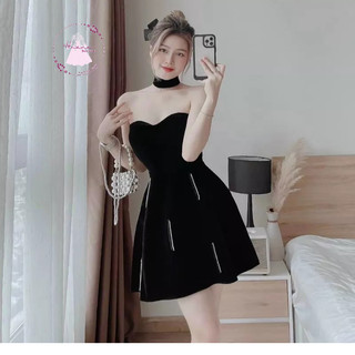 Đầm Xòe Nhung Cúp Ngực Đính Cườm Phối Dây Cổ Thời Trang
