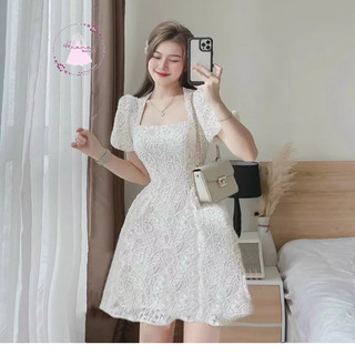 Đầm xòe dự tiệc ren tay bồng cổ vuông