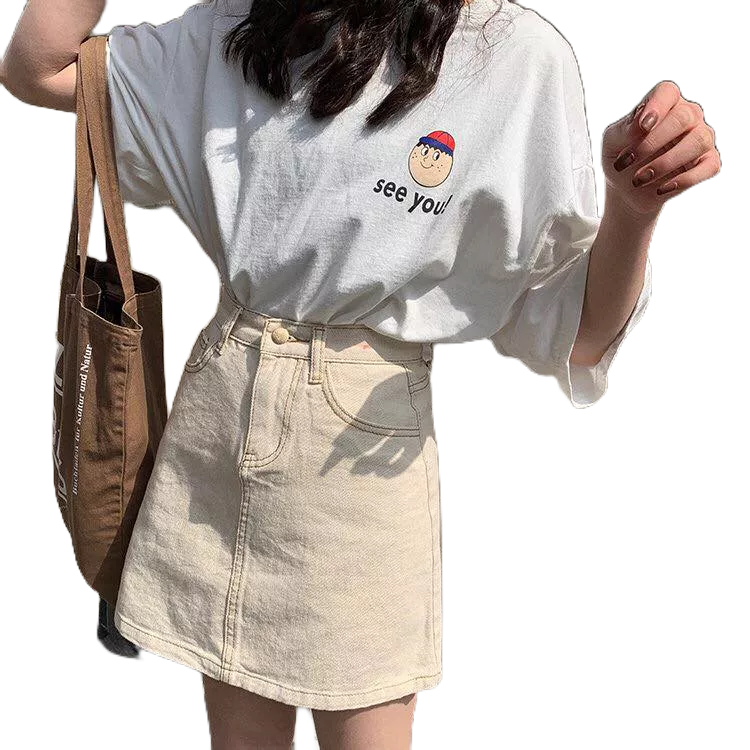 Chân váy jean cạp cao dáng chữ A - Hàng có sẵn