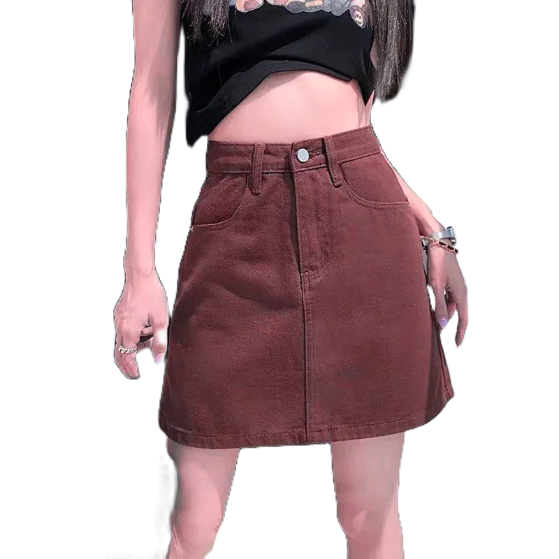 Chân váy jean cạp cao dáng chữ A - Hàng có sẵn