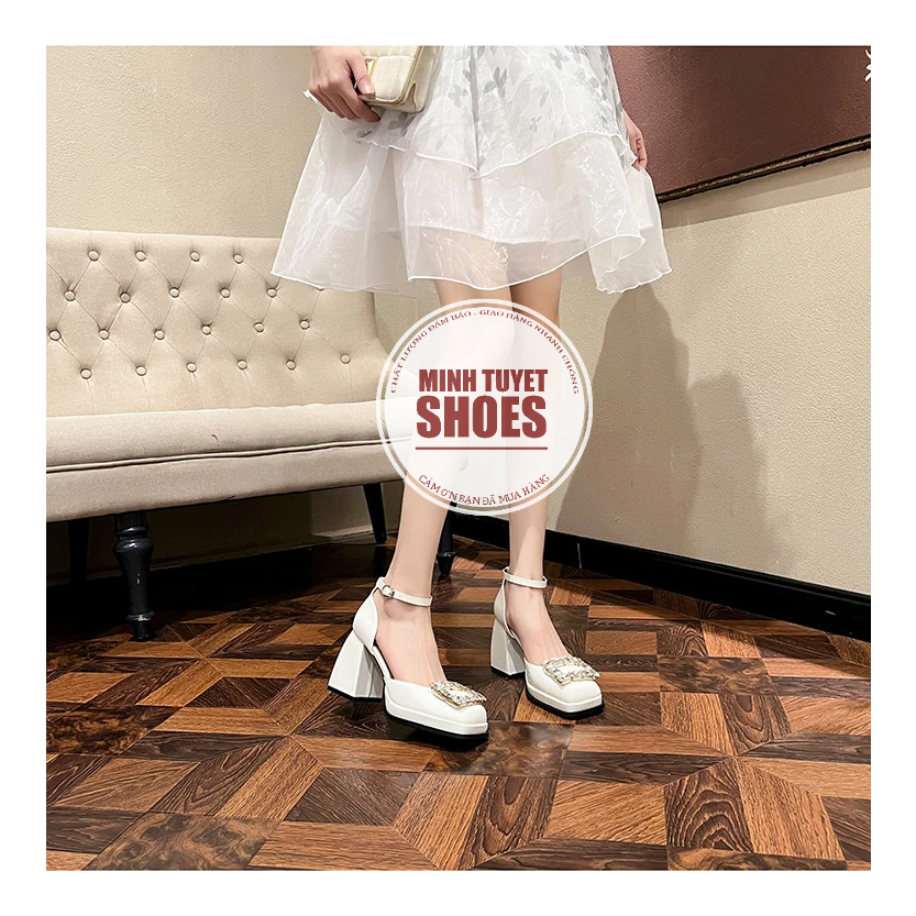 giày búp bê cao gót khóa đá đúp đế vuông 9cm mary jane mũi vuông da mờ cao cấp Minhtuyetshoes