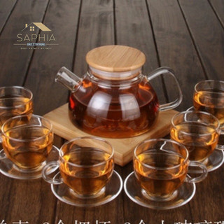 set ấm chén trà thuỷ tinh nắp tre dung tích 600ml