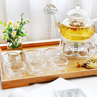 set ấm chén thuỷ tinh ( khay, chén, ấm)