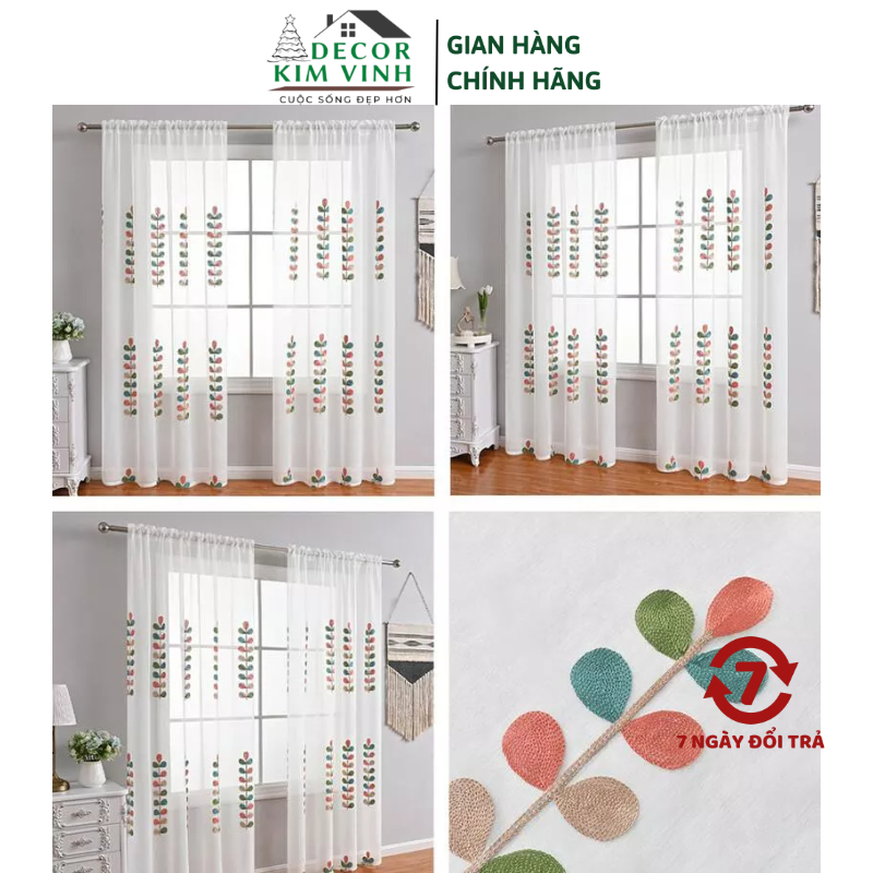 Rèm Voan Khoen Lỗ, Khoen Ri Đô, Rèm Dán Voan Thêu Hoa Lá Decor Kim Vinh DCKV54