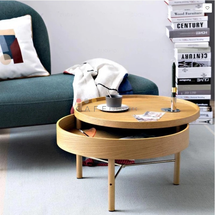 Bàn cà phê khay xoay gỗ tròn hiện đại có ngăn đựng Natural-Homary