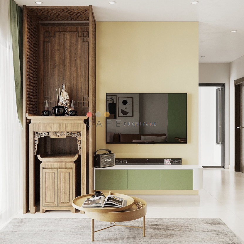 Bàn cà phê khay xoay gỗ tròn hiện đại có ngăn đựng Natural-Homary