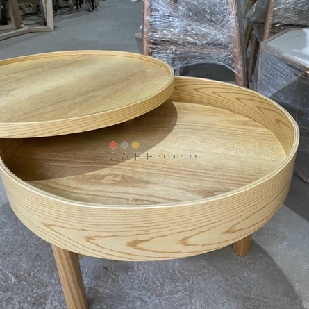 Bàn cà phê khay xoay gỗ tròn hiện đại có ngăn đựng Natural-Homary