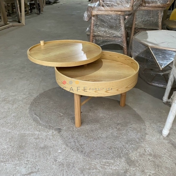 Bàn cà phê khay xoay gỗ tròn hiện đại có ngăn đựng Natural-Homary