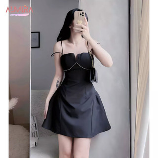 Váy 2 dây tafta gắn đá xẻ ngực, đầm dự tiệc màu đen sang chảnh