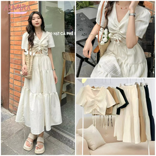 Sét váy tiểu thư gồm áo rút ngực croptop + chân váy dài chất đũi gân