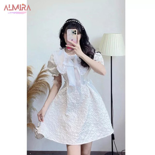 Váy xốp bèo cổ bẻ nơ cổ màu trắng, đầm nữ dáng xòe 2 lớp màu trắng