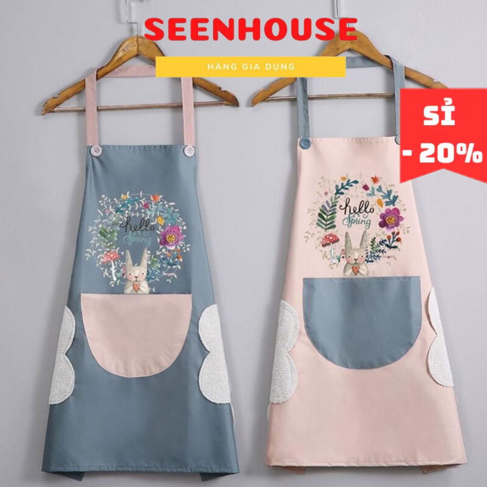 Tạp Dề Chống Thấm Nước Có Lau Tay Họa Tiết Thỏ Xinh Xắn