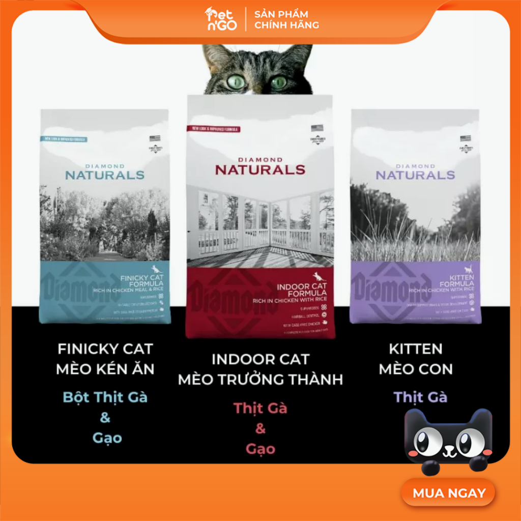 Thức ăn hạt cho mèo Diamond Naturals Made in USA cho Mèo con, Mèo lười vận động, Mèo kén ăn