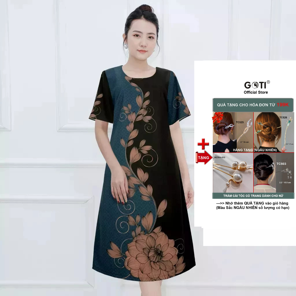 GOTI - Đầm Trung Niên Dáng Suông Giấu Bụng Cho Mẹ Kiểu Đầm Suông Lụa U50 U60 Phối Màu In Hoạ Tiết 3346 3347 3336
