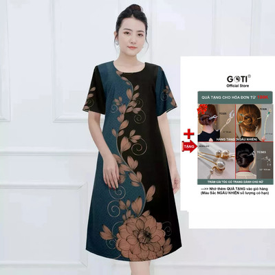 GOTI - Đầm Trung Niên Dáng Suông Giấu Bụng Cho Mẹ Kiểu Đầm Suông Lụa U50 U60 Phối Màu In Hoạ Tiết 3346 3347 3336